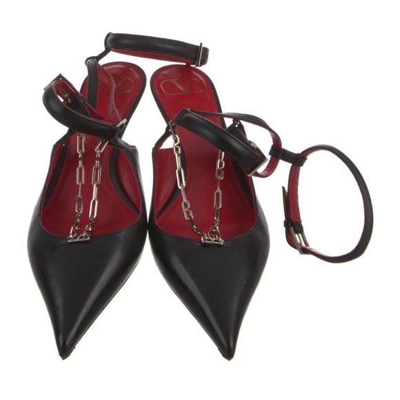 Valentino Black Pointed-Toe Ankle-Strap Kitten Heel Pumps with Red Insole - Picture 3 of 7